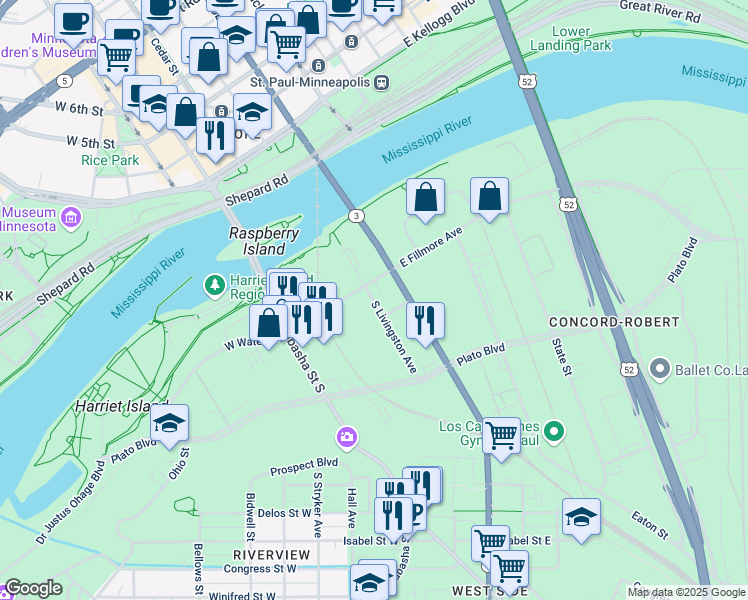 map of restaurants, bars, coffee shops, grocery stores, and more near 60 South Livingston Avenue in Saint Paul