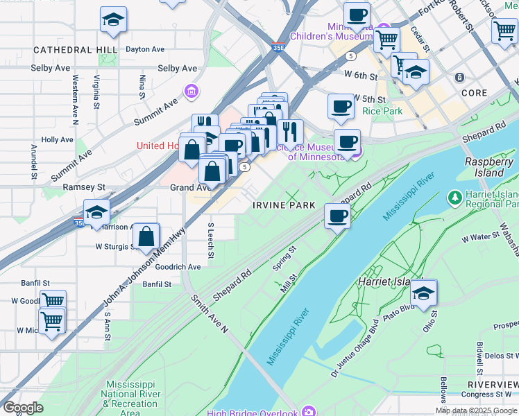 map of restaurants, bars, coffee shops, grocery stores, and more near 306 Exchange Street South in Saint Paul