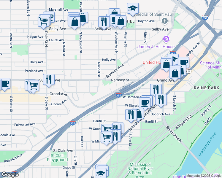 map of restaurants, bars, coffee shops, grocery stores, and more near in Saint Paul