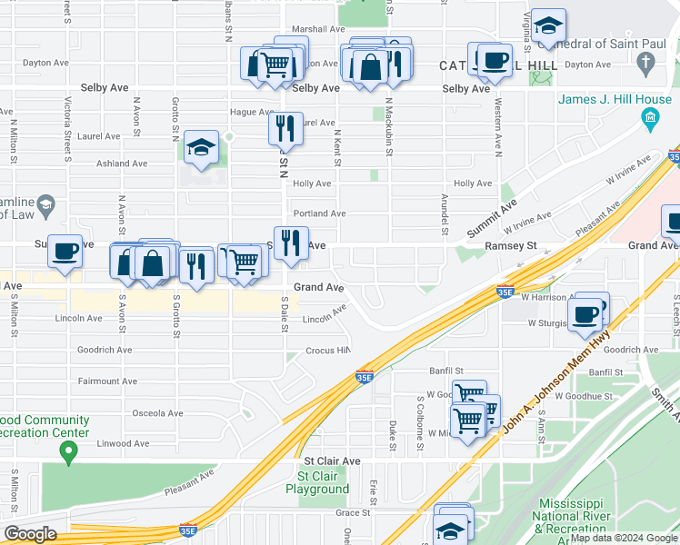 map of restaurants, bars, coffee shops, grocery stores, and more near 547 Grand Hill in Saint Paul