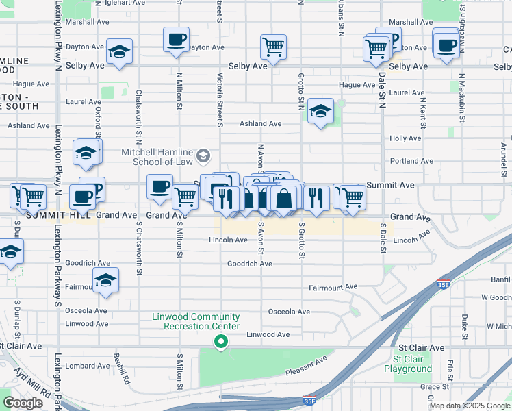 map of restaurants, bars, coffee shops, grocery stores, and more near 797 Grand Avenue in Saint Paul