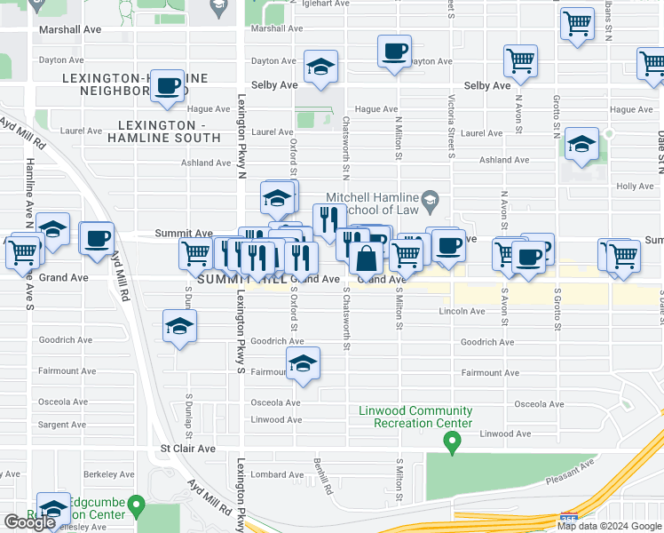 map of restaurants, bars, coffee shops, grocery stores, and more near 1006 Grand Avenue in Saint Paul