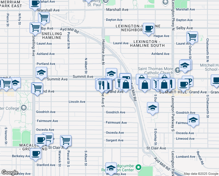 map of restaurants, bars, coffee shops, grocery stores, and more near 1326b Grand Avenue in Saint Paul