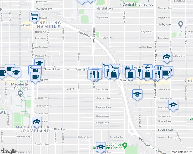 map of restaurants, bars, coffee shops, grocery stores, and more near 1326b Grand Avenue in Saint Paul