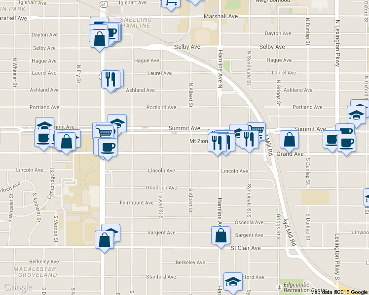map of restaurants, bars, coffee shops, grocery stores, and more near 1426 West Grand Avenue in Saint Paul