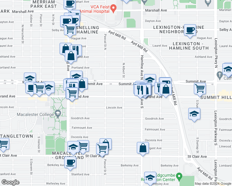 map of restaurants, bars, coffee shops, grocery stores, and more near 1426 West Grand Avenue in Saint Paul