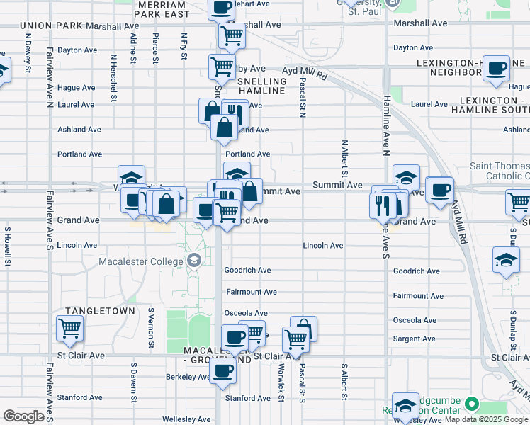 map of restaurants, bars, coffee shops, grocery stores, and more near 1498 Grand Avenue in Saint Paul