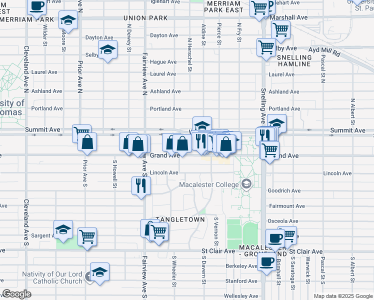 map of restaurants, bars, coffee shops, grocery stores, and more near 1730 West Grand Avenue in Saint Paul