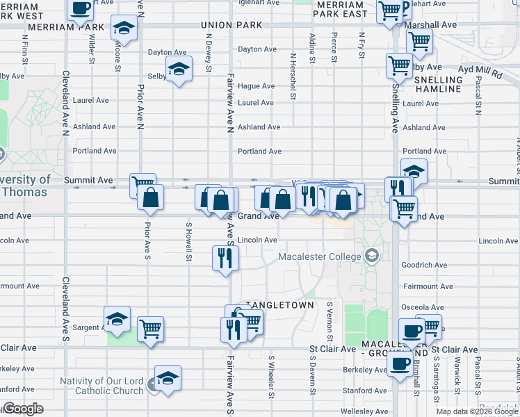 map of restaurants, bars, coffee shops, grocery stores, and more near 1770 Grand Avenue in Saint Paul