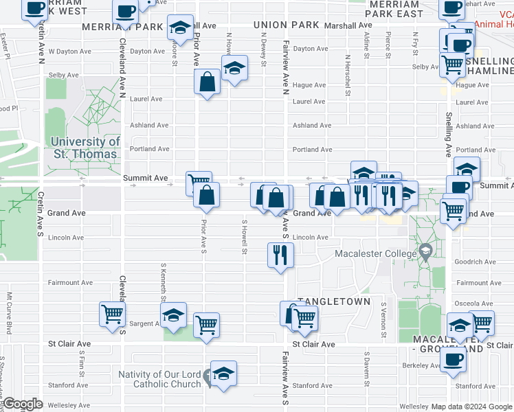 map of restaurants, bars, coffee shops, grocery stores, and more near 1848 Grand Avenue in Saint Paul