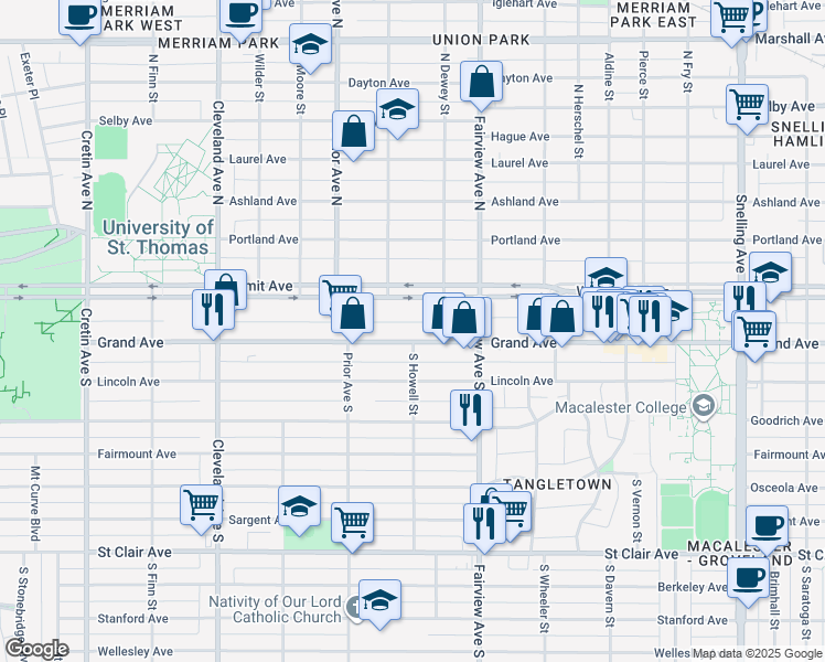 map of restaurants, bars, coffee shops, grocery stores, and more near in Saint Paul