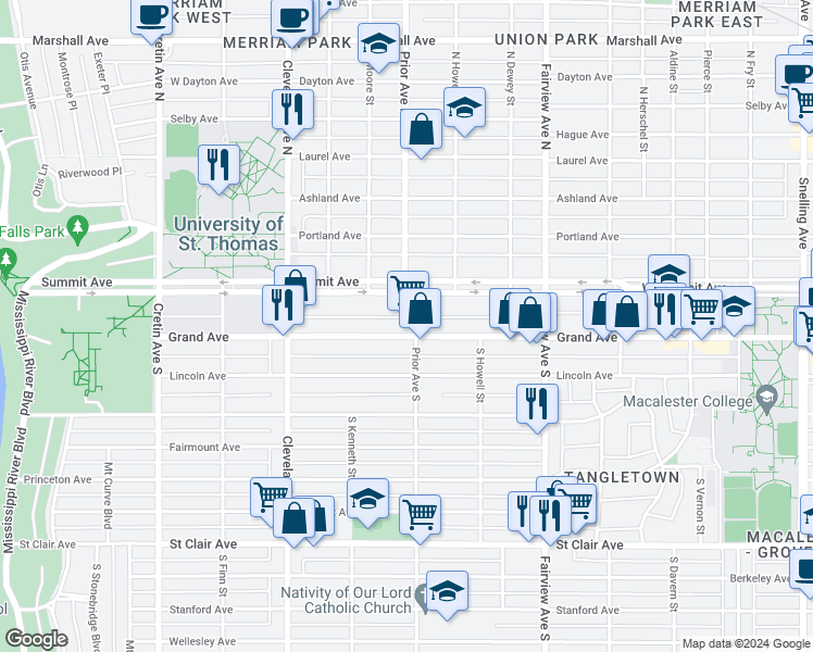 map of restaurants, bars, coffee shops, grocery stores, and more near 1954 Grand Avenue in Saint Paul