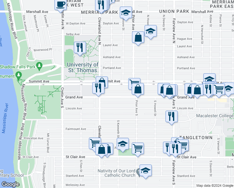 map of restaurants, bars, coffee shops, grocery stores, and more near 1990 Grand Avenue in Saint Paul