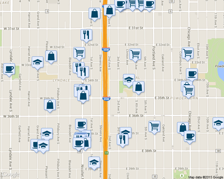 map of restaurants, bars, coffee shops, grocery stores, and more near 3440 3rd Avenue South in Minneapolis