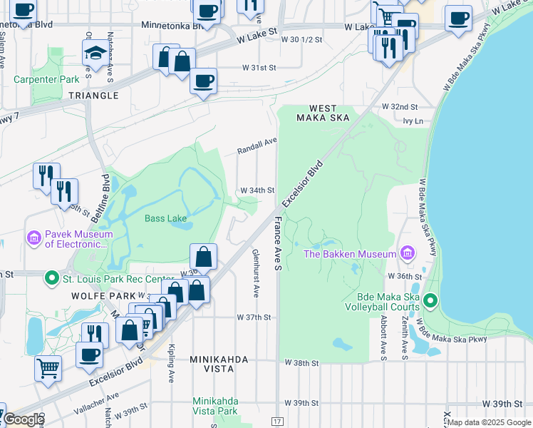 map of restaurants, bars, coffee shops, grocery stores, and more near 3920 Excelsior Boulevard in Minneapolis