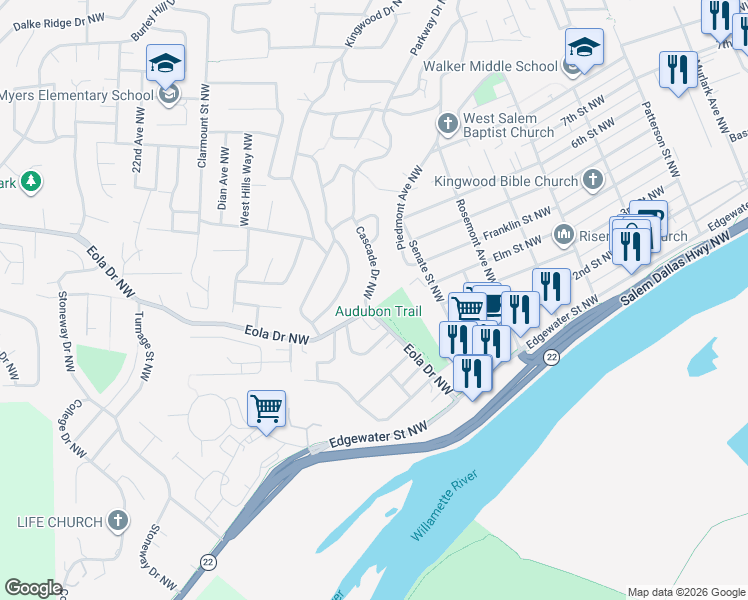 map of restaurants, bars, coffee shops, grocery stores, and more near 528 Cascade Drive Northwest in Salem