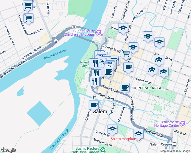map of restaurants, bars, coffee shops, grocery stores, and more near 201 Ferry Street Southeast in Salem