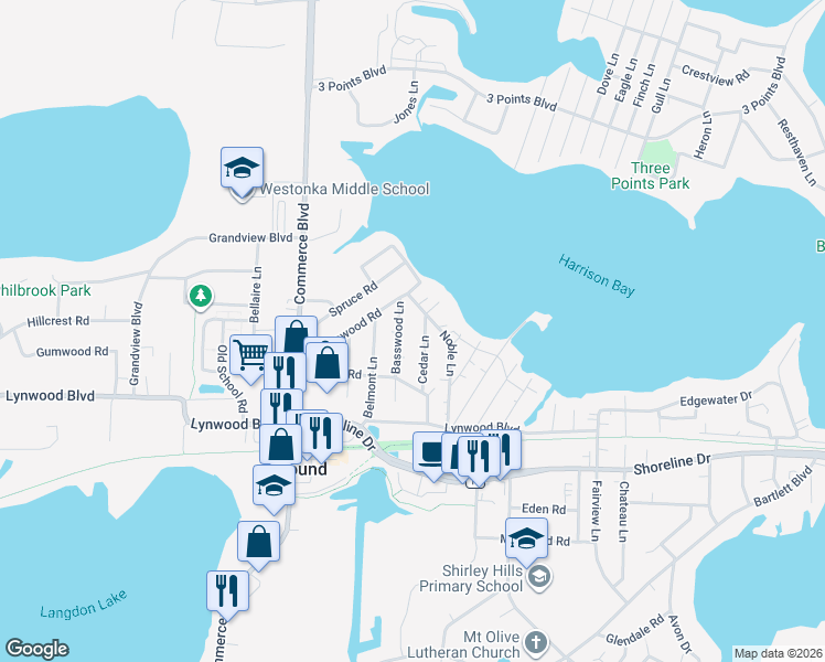 map of restaurants, bars, coffee shops, grocery stores, and more near 2151 Cedar Lane in Mound