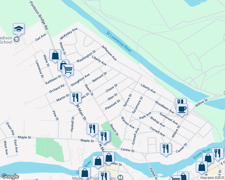 map of restaurants, bars, coffee shops, grocery stores, and more near 25 Ober St in Massena