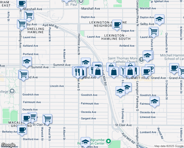 map of restaurants, bars, coffee shops, grocery stores, and more near 35 Syndicate Street South in Saint Paul