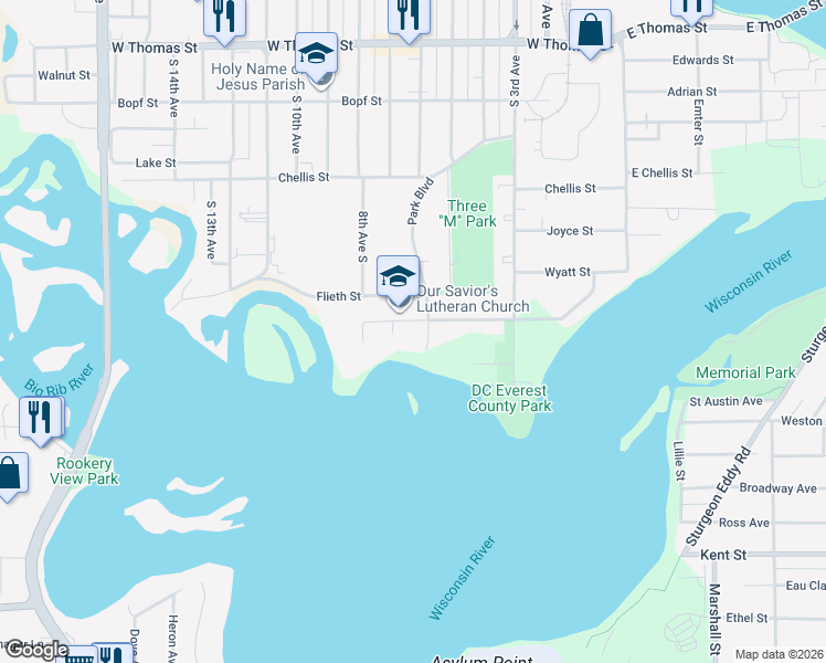 map of restaurants, bars, coffee shops, grocery stores, and more near 320 Park Boulevard in Wausau