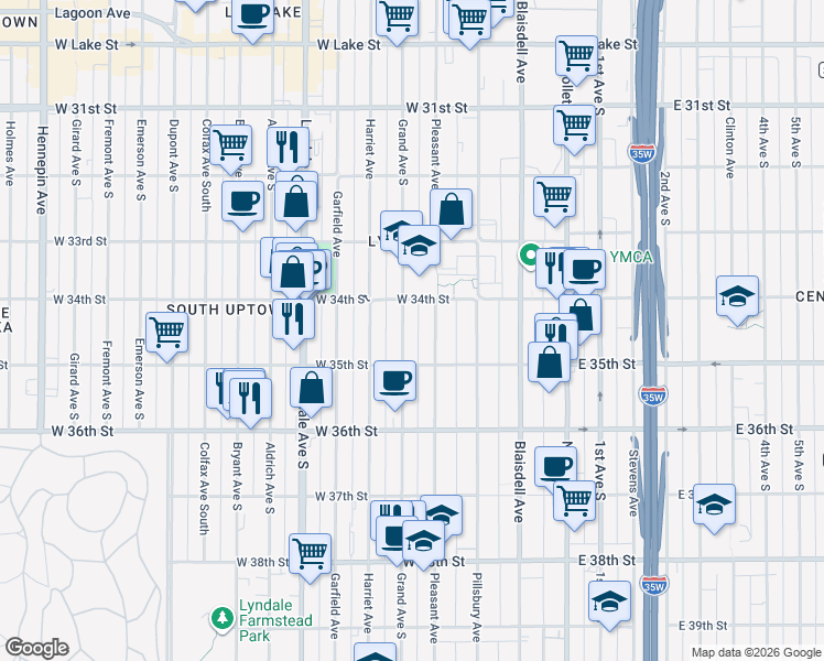 map of restaurants, bars, coffee shops, grocery stores, and more near 3438 Pleasant Avenue in Minneapolis