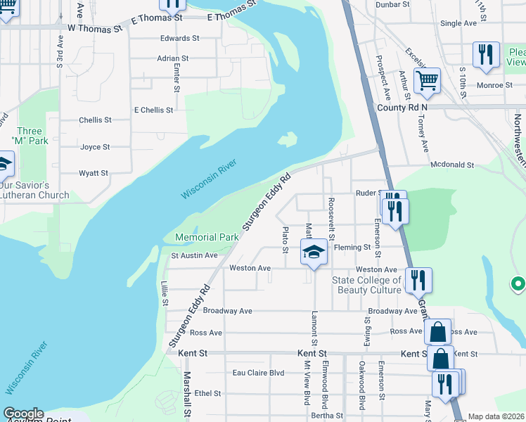 map of restaurants, bars, coffee shops, grocery stores, and more near 1632 Plato Street in Wausau