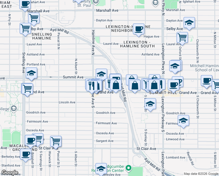 map of restaurants, bars, coffee shops, grocery stores, and more near in Saint Paul