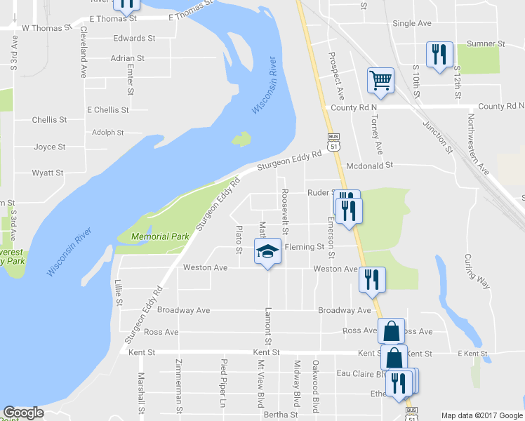 map of restaurants, bars, coffee shops, grocery stores, and more near 1601 Mathie Street in Wausau