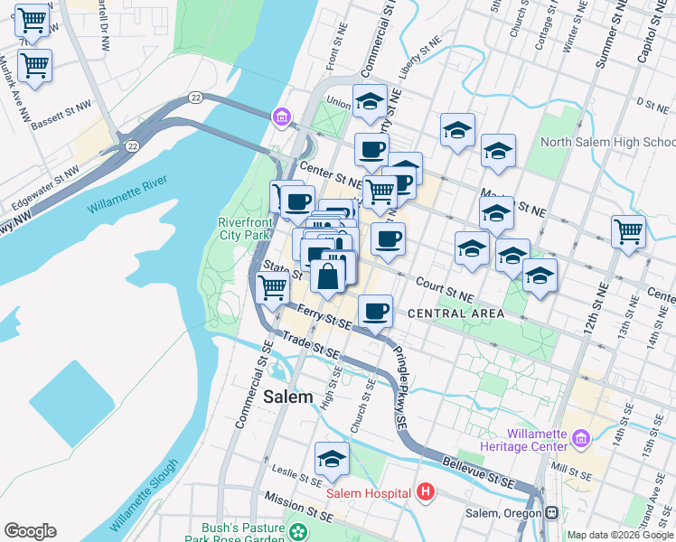 map of restaurants, bars, coffee shops, grocery stores, and more near 150 Liberty Street Northeast in Salem