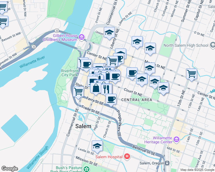 map of restaurants, bars, coffee shops, grocery stores, and more near 363 Court Street Northeast in Salem