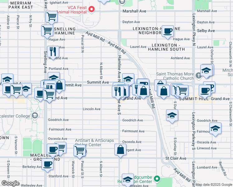 map of restaurants, bars, coffee shops, grocery stores, and more near 33 Hamline Avenue South in Saint Paul