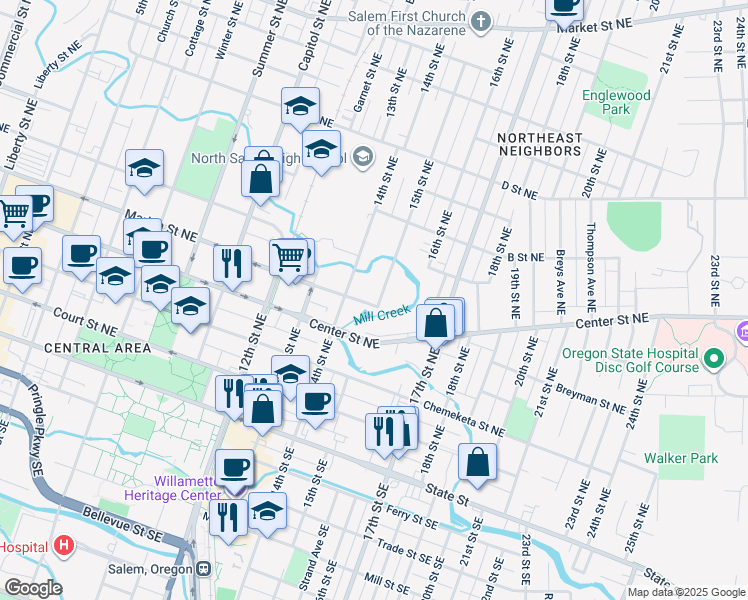 map of restaurants, bars, coffee shops, grocery stores, and more near 1480 Marion Street Northeast in Salem