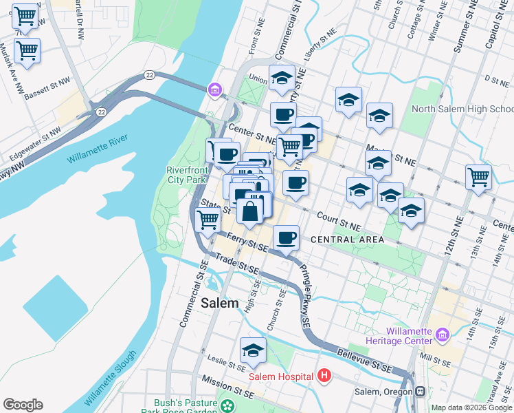 map of restaurants, bars, coffee shops, grocery stores, and more near 150 Liberty Street Northeast in Salem