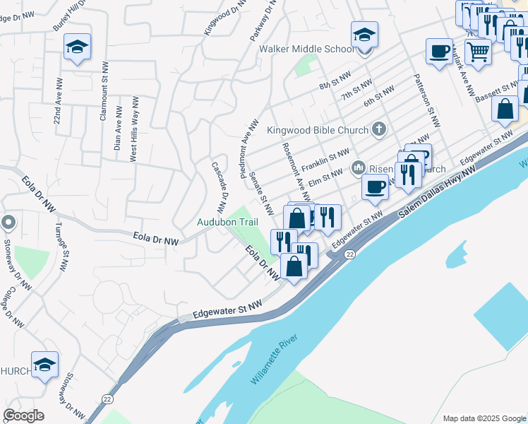 map of restaurants, bars, coffee shops, grocery stores, and more near 341 Senate Street Northwest in Salem