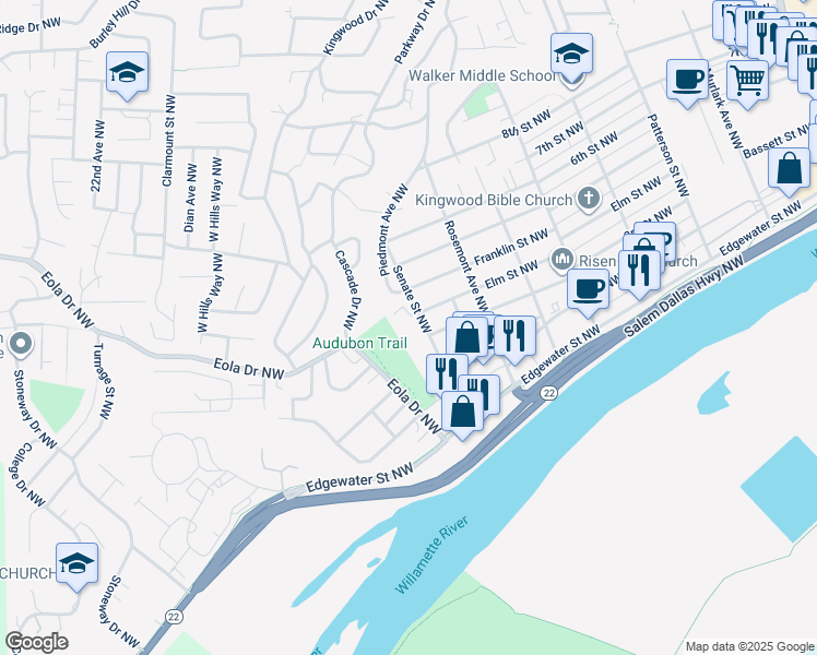 map of restaurants, bars, coffee shops, grocery stores, and more near 341 Senate Street Northwest in Salem