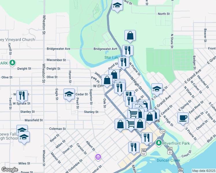 map of restaurants, bars, coffee shops, grocery stores, and more near 21 West Cedar Street in Chippewa Falls