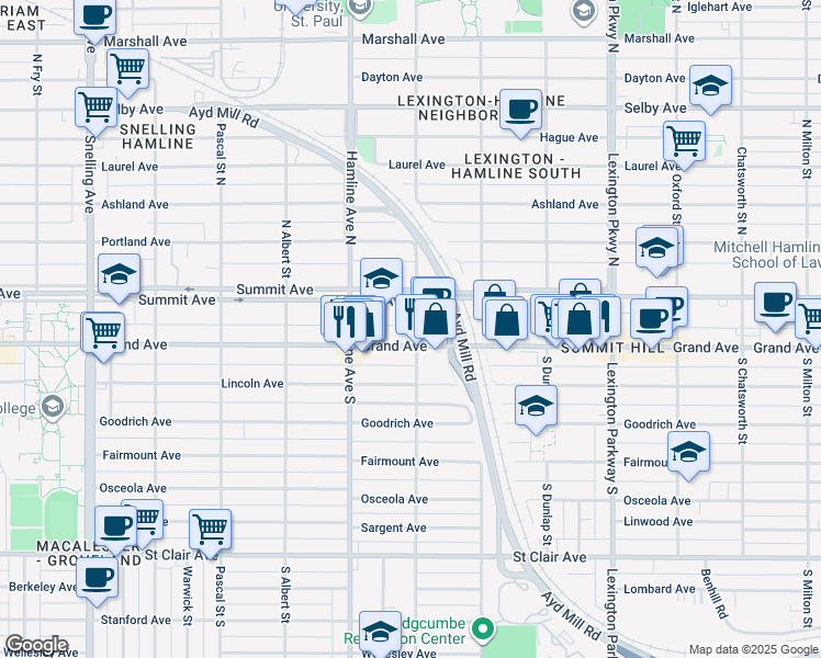 map of restaurants, bars, coffee shops, grocery stores, and more near in Saint Paul