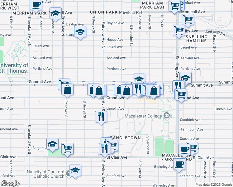 map of restaurants, bars, coffee shops, grocery stores, and more near 1770 Grand Avenue in Saint Paul
