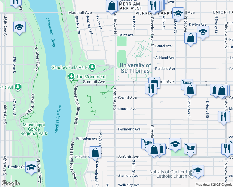 map of restaurants, bars, coffee shops, grocery stores, and more near in Saint Paul