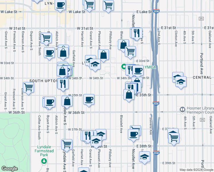map of restaurants, bars, coffee shops, grocery stores, and more near 3444 Pillsbury Avenue in Minneapolis