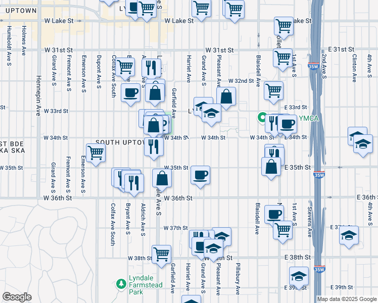 map of restaurants, bars, coffee shops, grocery stores, and more near 3439 Harriet Avenue in Minneapolis