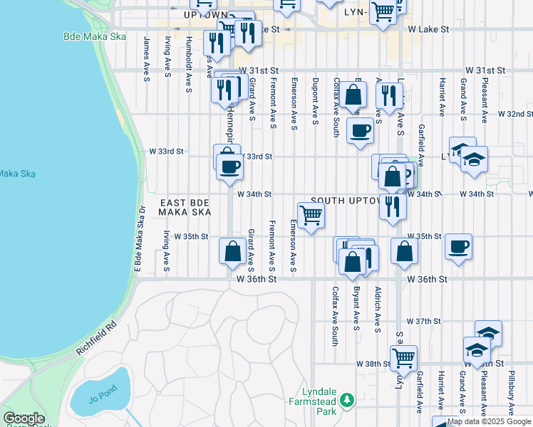 map of restaurants, bars, coffee shops, grocery stores, and more near 3441 Fremont Avenue South in Minneapolis