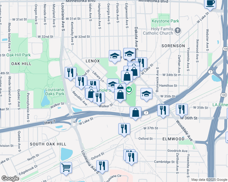 map of restaurants, bars, coffee shops, grocery stores, and more near 3389 Library Lane in St. Louis Park