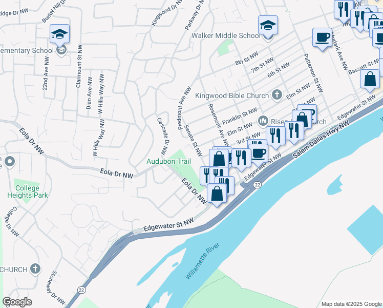 map of restaurants, bars, coffee shops, grocery stores, and more near 341 Senate Street Northwest in Salem