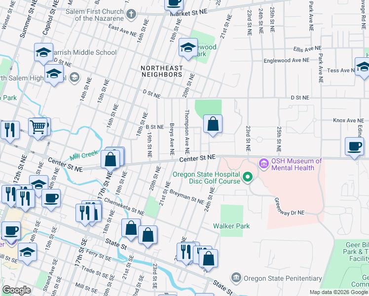 map of restaurants, bars, coffee shops, grocery stores, and more near 2185 Center Street Northeast in Salem