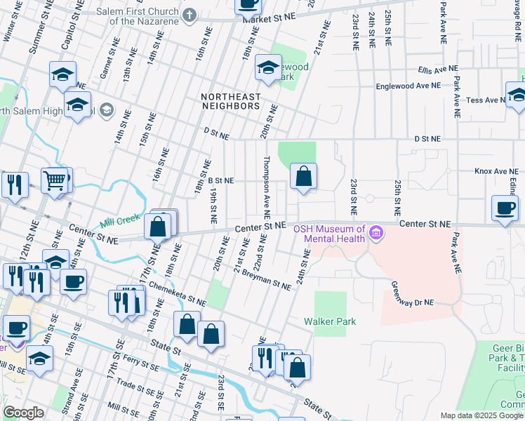 map of restaurants, bars, coffee shops, grocery stores, and more near 635 Thompson Avenue Northeast in Salem