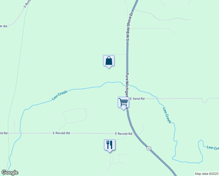 map of restaurants, bars, coffee shops, grocery stores, and more near 10205 East Revold Road in Suttons Bay