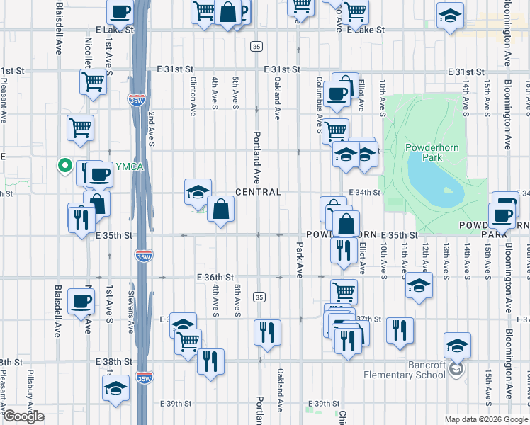 map of restaurants, bars, coffee shops, grocery stores, and more near 3421 Portland Avenue South in Minneapolis