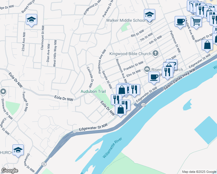 map of restaurants, bars, coffee shops, grocery stores, and more near 341 Senate Street Northwest in Salem